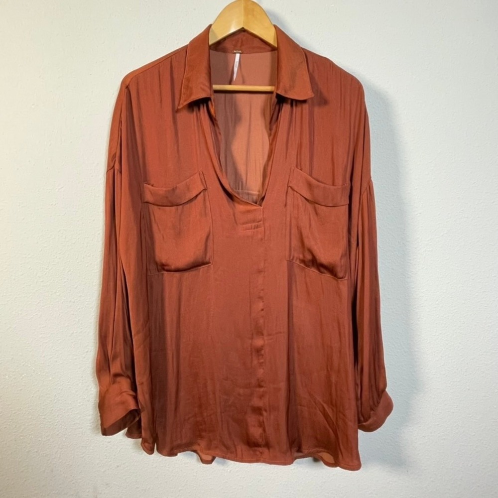 Free People Women L Rust Orange Long Sleeve V-Neck Satin Blouse Oversized Top